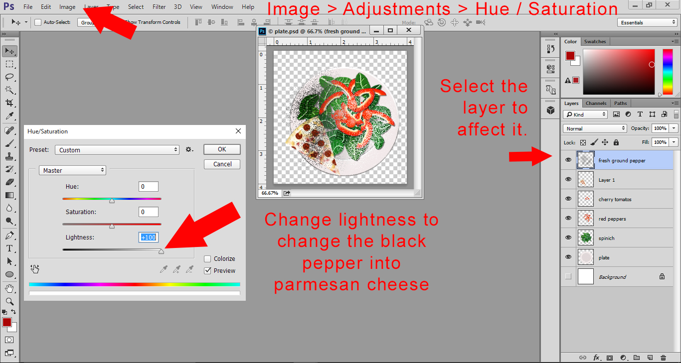 Photoshop Lesson - Change your fresh black pepper on the Plate file to parmesan cheese using hue and saturation.